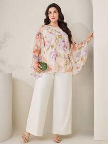 Veilorie Plus Size Women Elegant Floral Print Loose Fit Round Neck Blouse, Autumn - Multicolor - View 8