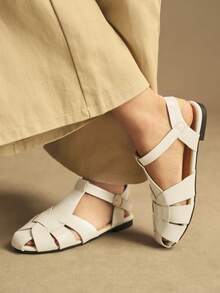 Rosivie 春夏新款白色闭趾编织镂空复古设计平底女鞋情人节特惠 - 白色 - 查看 5