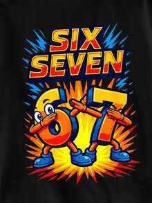 SHEIN GraphicGems 1件青少年男童休闲时尚创意个性化清新高端简约数字67卡通人物标语印花舒适基础款短款T恤，适合春、夏、秋季穿着。 - 黑色 - 查看 5