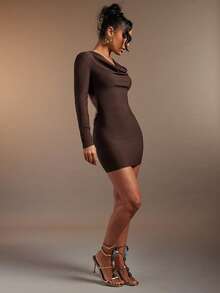 Hauture Brown Plunging Cowl Neck Long Sleeve Open Back With Bead Trim Short Dress - Brown - View 3