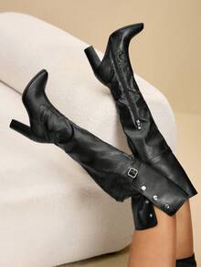 Daringsoles 女士尖头搭扣设计时尚高跟过膝长靴 - 黑色黑色 - 查看 3