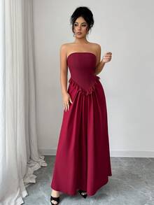SHEIN Elenzya 新款春夏女士优雅长款红色连衣裙，适合情人节约会、派对、新年、日常聚会、婚礼、伴娘等场合，蕾丝拼接连衣裙 - 酒紅色 - 查看 6
