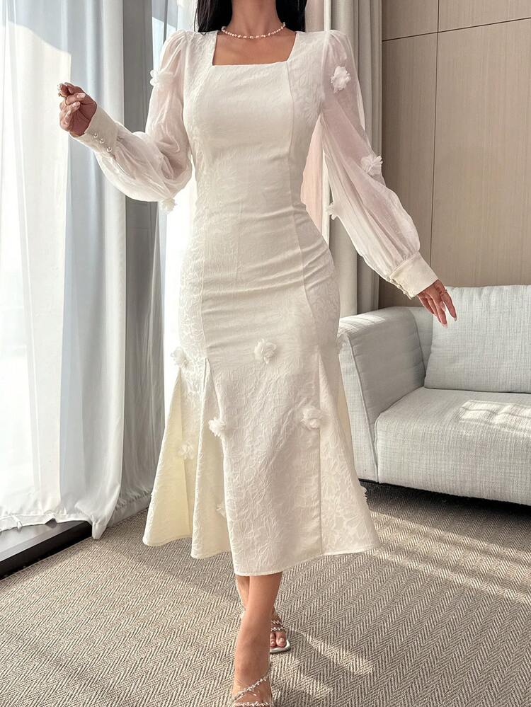 Textured Floral Decor Elegant Party Fitted Midi Dress For Women,Wedding Guest Dress Women Sundress