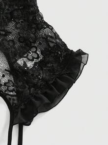 ROMWE Gothic Lace Floral Sexy Bodysuits - Black - View 4