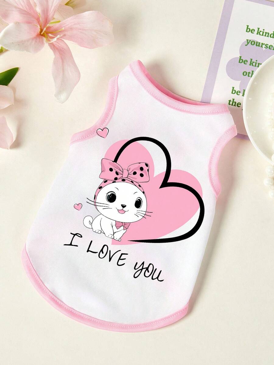 PETSIN 1pc Love Cat Letter Printed Pet Tank Top, Breathable And Skin Friendly, Pink And White Edition - Multicolor - View 1