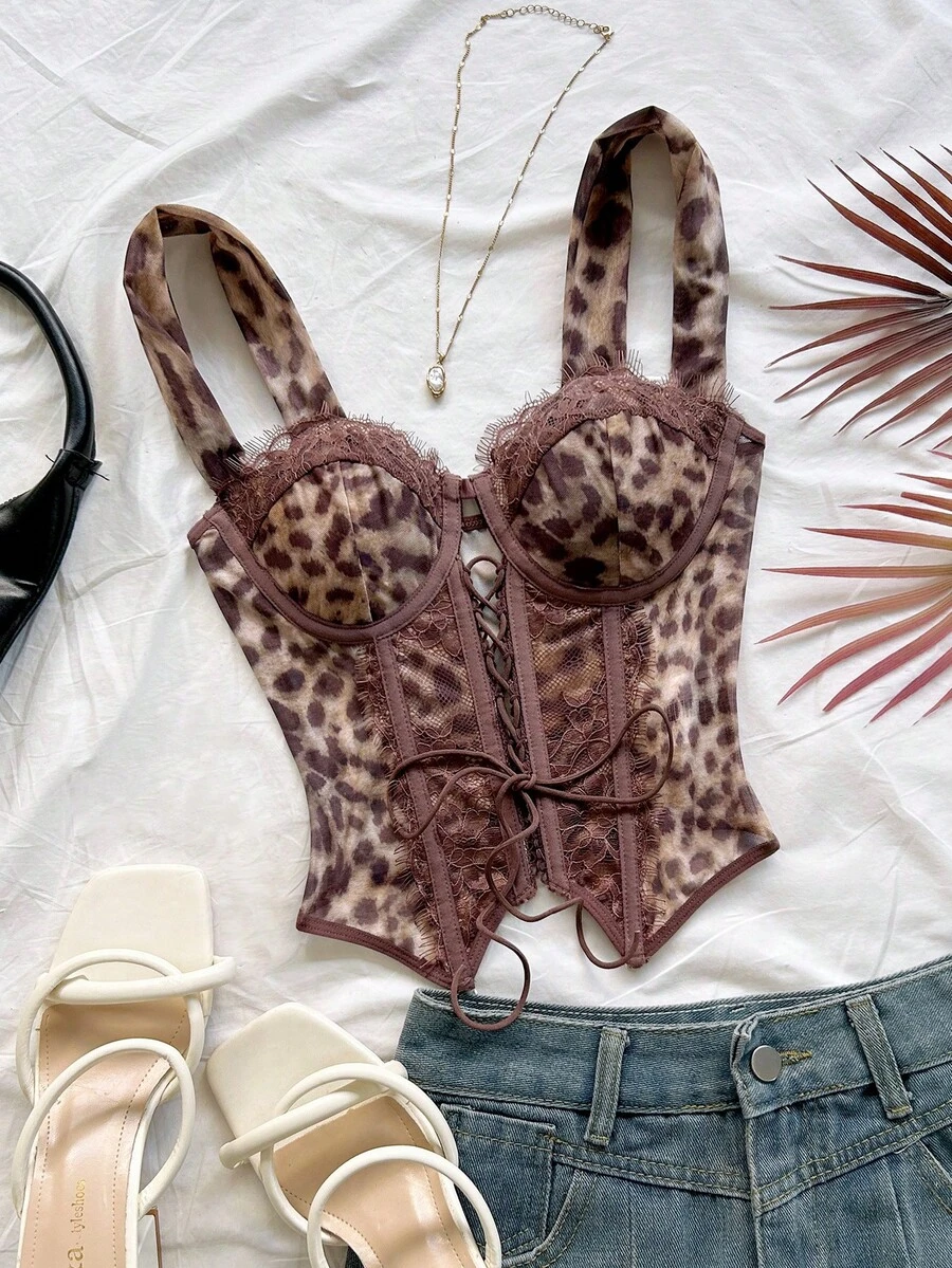 Soleia Lace Sexy Sheer Strap Tie-Up Camisole Top, Party Women Outfits For Night Out, Cocktail Party, Club, Birthday, Holiday, Date, Vacation - Brown - View 1