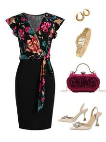 Ellevyn 女士印花V领短袖中长连衣裙，优雅假日装 - 彩色 - 查看 1