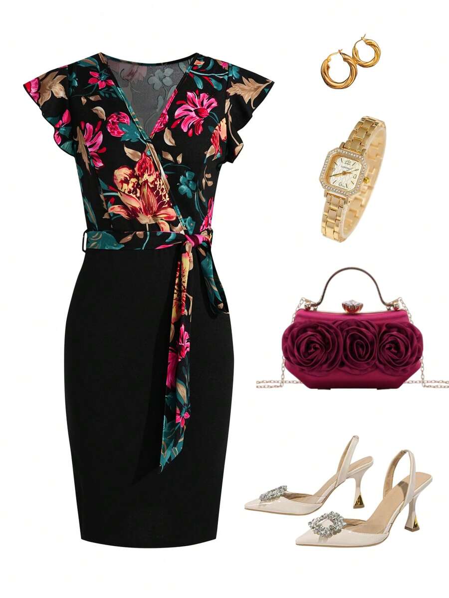 Ellevyn 女士印花V领短袖中长连衣裙，优雅假日装 - 彩色 - 查看 1