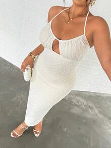 Firerie Plus Size Elegant Holiday Minimalist Romantic Date Draped Neck Bustier Textured Bodycon Slim Fit Maxi Dress, Boho Women Mini Dresses, Fairycore, Women's Elegant Sexy Delicate Romantic Fashion New Wedding Guest Music Festival Party Daily Vacation Backless Tie Strap Textured Bodycon Midi Dress, Beach Outfits For Women, Airport Outfit Women, Vacation Outfits - Apricot - View 5