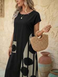 Faunlyn Vestido casual de vacaciones para mujer con estampado de patchwork y bloques de color - Negro - Ver 5