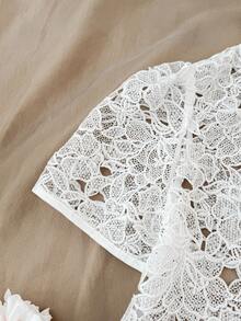 Blusa de manga corta con bordado y calado, de tejido sólido blanco, elegante y encantadora para adolescentes - Blanco - Ver 3