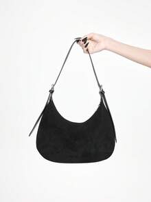 ROMWE Goth 哥特式飞蛾植物星月刺绣包，黑色麂皮大容量斜挎新月包 - 白色繡花 - 查看 5