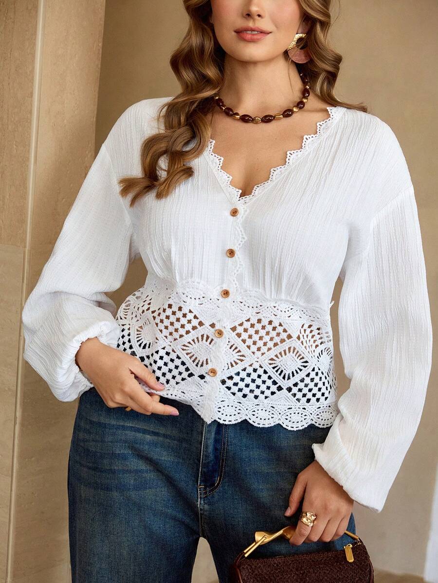 Flirla Áo kiểu nữ cỡ lớn cổ chữ V tay dài phối ren, chất liệu xuyên thấu, cài nút, thanh lịch, kiểu vintage, thích hợp cho kỳ nghỉ hoặc đi làm. - trắng - Xem 1