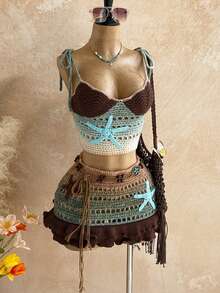 Soleia Women's Ombre Starfish Applique Hollow Out Knit Camisole Top And Knitted Mini Skirt Sexy 2-Piece Set, Suitable For Party, Evening, Date, Beach, Summer - Multicolor - View 7