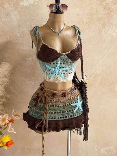 Soleia Women's Ombre Starfish Applique Hollow Out Knit Camisole Top And Knitted Mini Skirt Sexy 2-Piece Set, Suitable For Party, Evening, Date, Beach, Summer