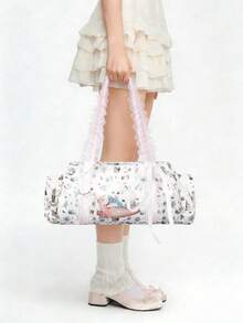 ROMWE Kawaii Fashionable Colorful Star Pattern Lace Cute Retro Shoulder Cylinder Boston Handbag For Women, 1481690 - White lead cat - View 7