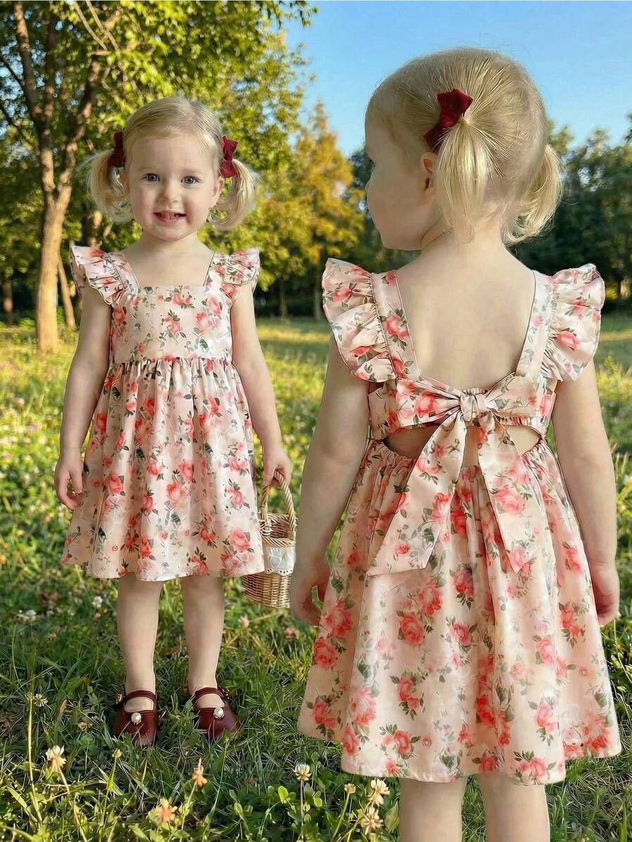 SHEIN 女婴/幼儿女童无袖碎花荷叶边露背连衣裙，配有可拆卸蝴蝶结和镂空腰身，时尚、甜美、可爱、休闲，适合海滩、郊游、乡村、日常穿着、派对等多种场合。 - 粉色 - 查看 1