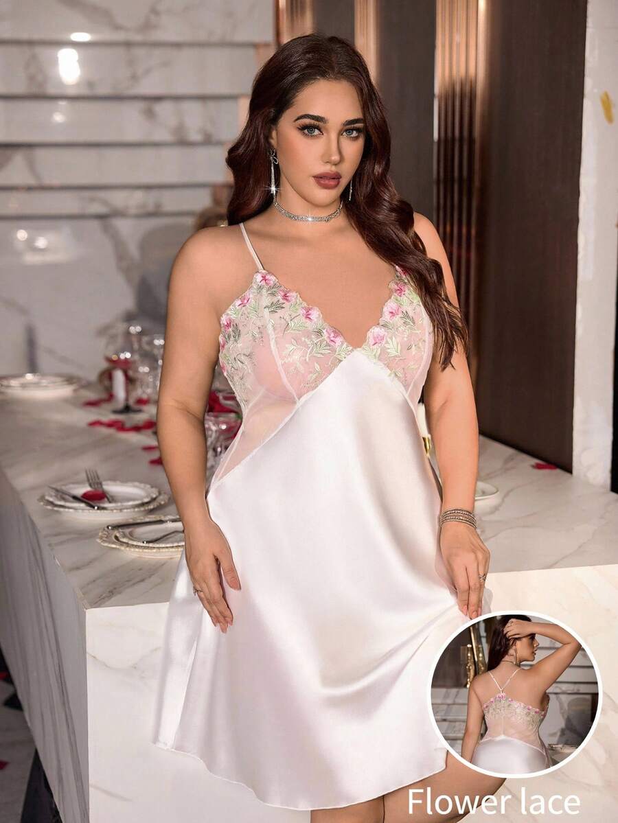 SilkySpell Plus Size Women Sexy Sheer Floral Embroidery Patchwork Satin Nightgown Negligee Lingeries Night Gown Set Satin Sleepwear Lingerie Sleepwear - White - View 1