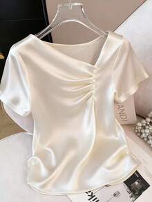 Franclia 女士纯色不对称领短袖衬衫 - 白色 - 查看 2