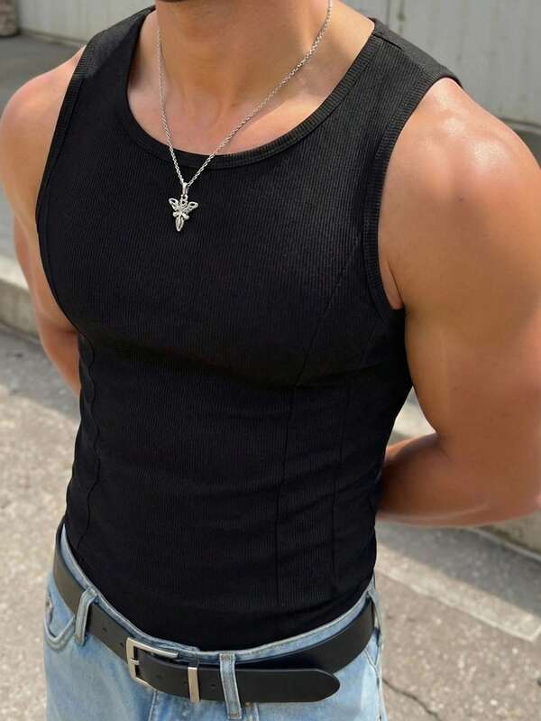 Manfinity Men's Solid Color Crew Neck Casual Versatile Ribbed Tank Top