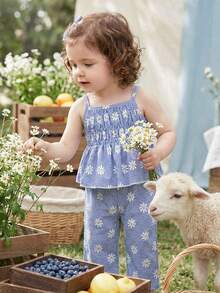 Vintaside Kids Baby Girl Floral & Plaid Print Camisole Top And Elastic Waist Pants Set - Blue - View 5