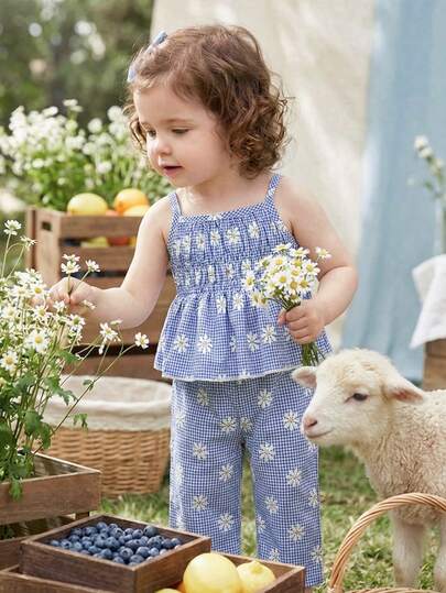 Vintaside Kids Baby Girl Floral & Plaid Print Camisole Top And Elastic Waist Pants Set