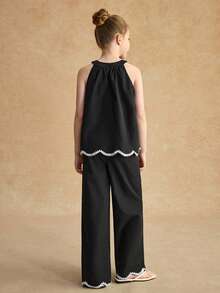 少女休闲度假T恤套装，舒适柔软，百搭，适合度假、旅行及其他场合，春夏款 - 黑色 - 查看 2