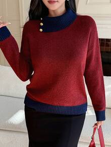 DAZY Pull ample en tricot à patchwork de couleurs contrastées, élégant, pour l'automne - Rouge foncé - Voir 4