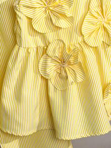 SHEIN 2pcs Young Girl Woven Solid Striped 3D Floral Camisole And Long Pants Set - Yellow - View 4