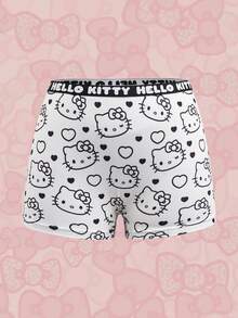 HELLO KITTY AND FRIENDS | SHEIN 3条装女士可爱卡通爱心字母全印花松紧腰平角短裤 - 粉色 - 查看 9