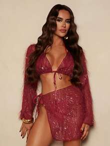 Bonvoyette 两件套女士亮面系带罩衫套装，长袖上衣和迷你裙，酒红色，适合音乐节、派对、海滩等场合。 - 酒紅色 - 查看 5