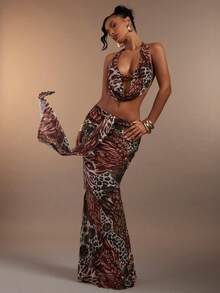 Hauture Women's Sexy Abstract Animal Floral Print Backless Halter Top And Fish Tail Skirt 2 Pieces Set - Multicolor - View 7