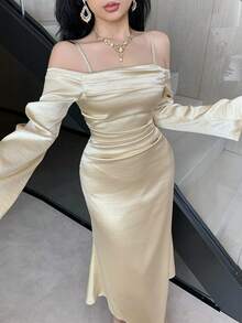 DAZY Women's Elegant Solid Light Yellow Open Shoulder Pleated Asymmetric Midi Dress, Spring/Summer Wedding Guest Dress Sundress Off The Shoulder - Light Yellow - View 1