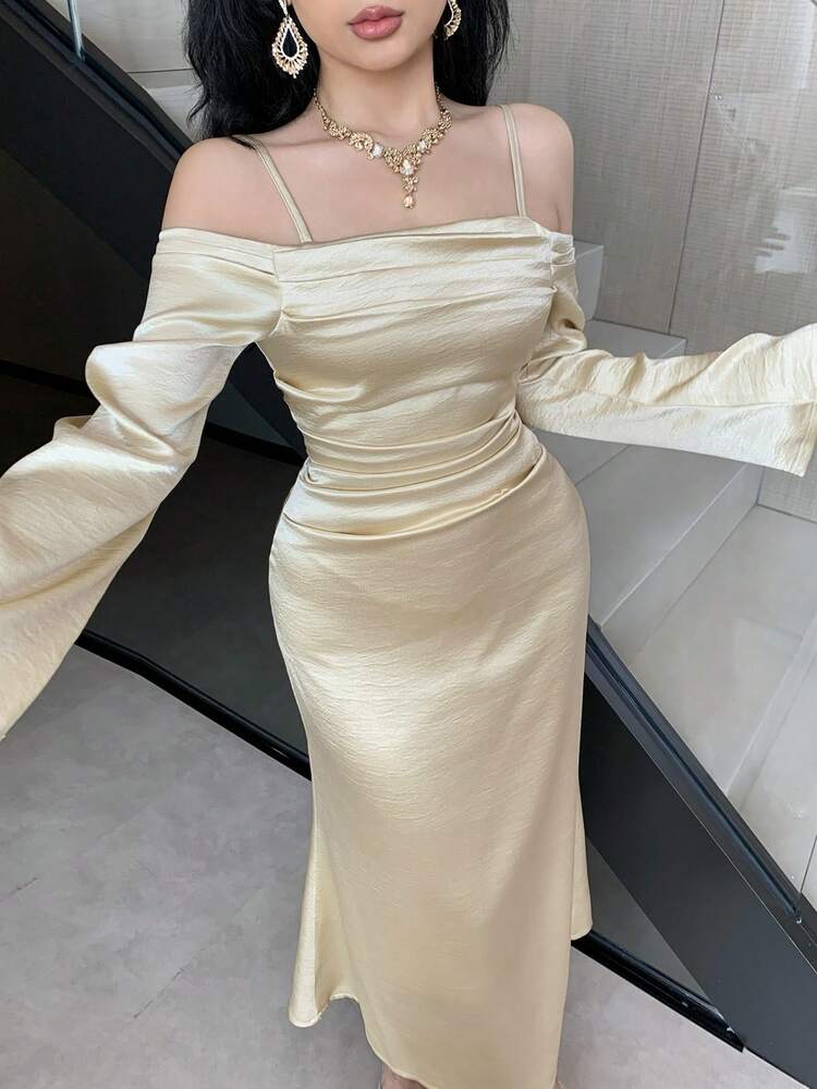 Women's Elegant Solid Light Yellow Open Shoulder Pleated Asymmetric Midi Dress, Spring/Summer Wedding Guest Dress Sundress Off The Shoulder