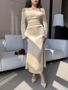 DAZY Women's Elegant Solid Light Yellow Open Shoulder Pleated Asymmetric Midi Dress, Spring/Summer Wedding Guest Dress Sundress Off The Shoulder - Light Yellow - View 5