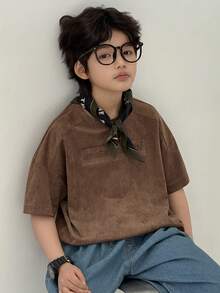 Dazy Kids Tween Boy Round Neck Letter Embossed Casual Versatile Daily Wear Short Sleeve T-Shirt - Brown - View 1