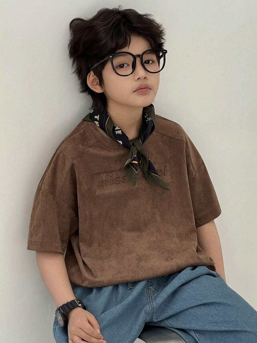 Dazy Kids Tween Boy Round Neck Letter Embossed Casual Versatile Daily Wear Short Sleeve T-Shirt - Brown - View 1