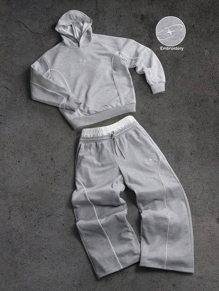PAVTROS Men's Casual Star Embroidery Loose Hoodie And Sweatpants Set, Autumn - Grey - View 1