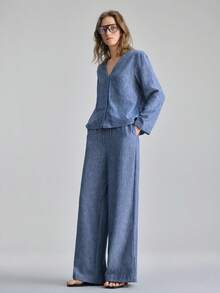 Ontre 2026春夏新款女式V领长袖上衣和裤子套装 - 藏蓝色 - 查看 1