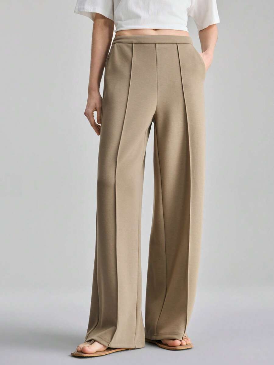 Ontre 2026春夏女装舒适柔软针织阔腿裤，宽松弹力腰带，条纹设计，现代都市时尚商务休闲风 - 棕色 - 查看 1