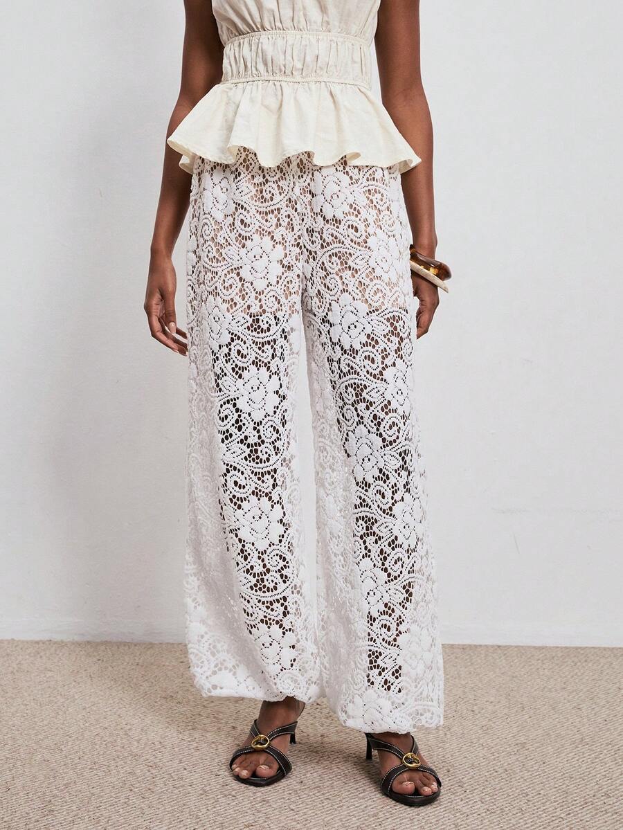 ATUI Studio Pantalones largos elegantes de encaje semitransparente para mujer, de verano - Blanco - Ver 1