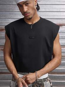 AXEPEAK 男士休闲字母印花宽松圆领背心，夏季 - 黑色 - 查看 4