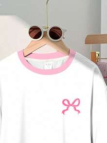 SHEIN Leap Crew 2pcs Tween Girls' Casual Sweet Pink Polka Dot Bow Print Short Sleeve Top And Pants Set, Suitable For Summer Family Outing, Easy Comfort, Casual Wear - Multicolor - View 5