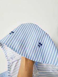 SHEIN 1pc Girls Cherry Stripe Blue Collared Long Sleeve Button-Up Shirt, Suitable For Spring/Summer - Blue - View 4