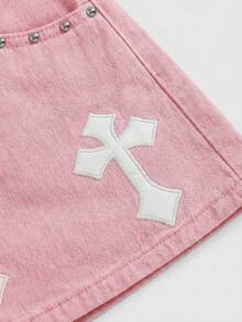 ROMWE Grunge Punk 女士刺绣十字贴片斜插口袋迷你牛仔裙 - 粉色 - 查看 3