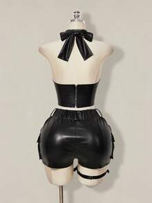 SHEIN ICON Y2k Women's Goth Black Concert Club Going Out Coachella PU Leather Halter Tie Backless Tassel Hollow Out Design Fashionable Versatile Top For Dates & Parties, Spring To Summer - Black - View 9