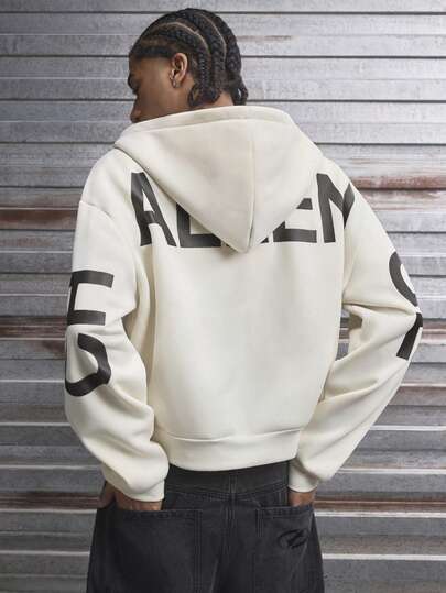 AXEPEAK Men's Letter Print Drop Shoulder Long Sleeve Zip Front Pocket Hoodie