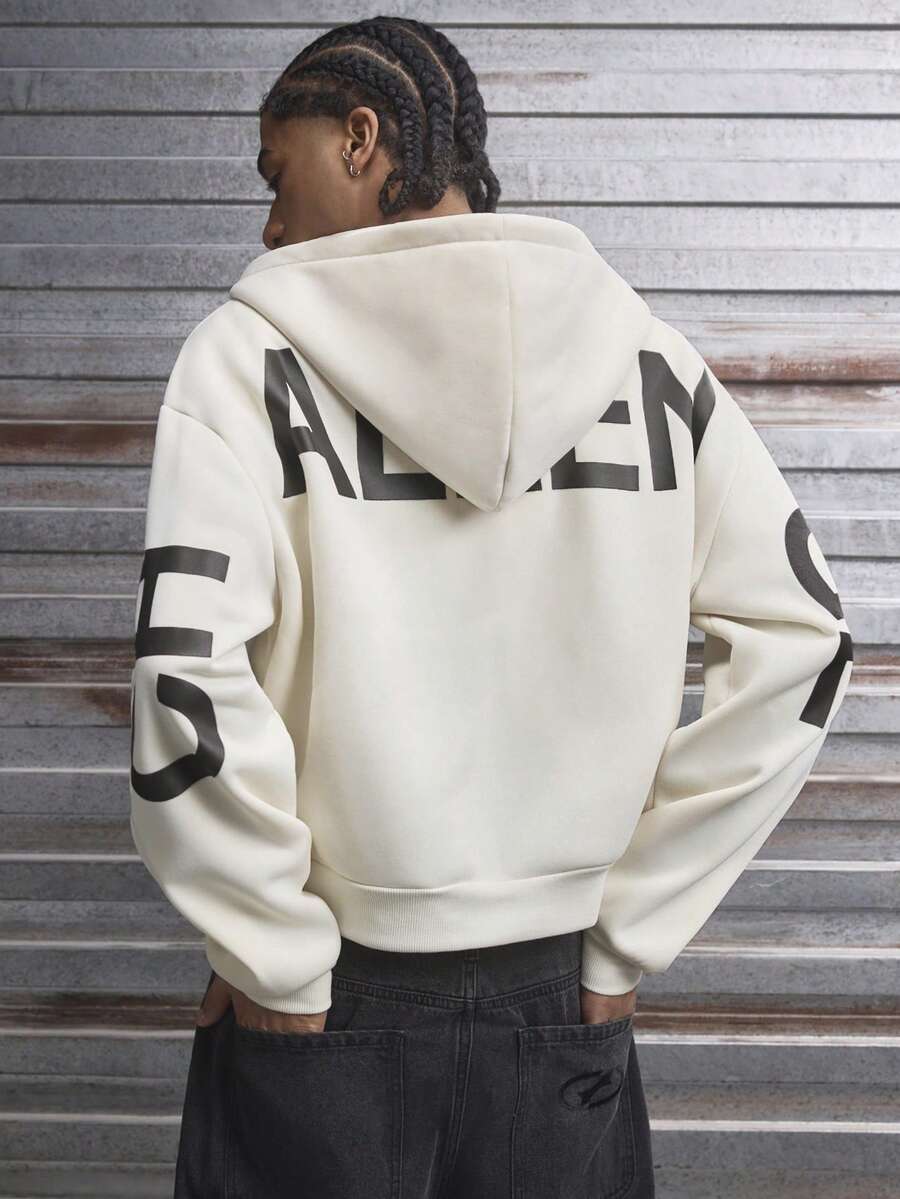 AXEPEAK 男士字母印花落肩长袖拉链前袋连帽衫 - 杏色 - 查看 1