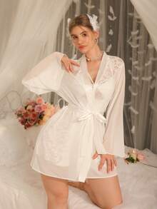 DelicateAllure Women's Sexy Lace Patchwork Satin Slip Dress With Slit And Lace Patchwork Tie-Up Robe Sleepwear Set Bridal Robe Set Sexy 2 Piece Nightgown Wedding Lingerie Set - White - View 5