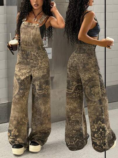 StreetHx Fashionable Casual Street Style Floral Print Denim Jumpsuit